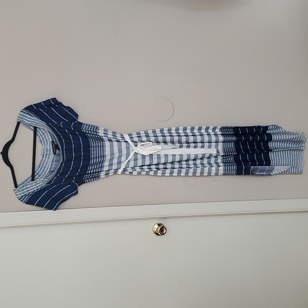 Blue Off Shoulder Stripe Maxi Dress